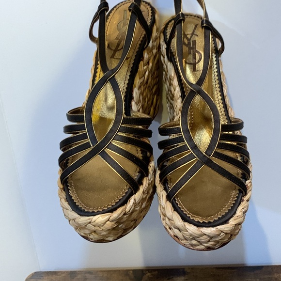 YSL platform wedge sandal black braided straw metallic gold - Picture 10 of 15